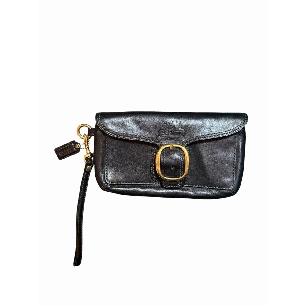 Vintage Coach Bleecker Wristlet Black Leather Brass EUC Tattersall Clutch